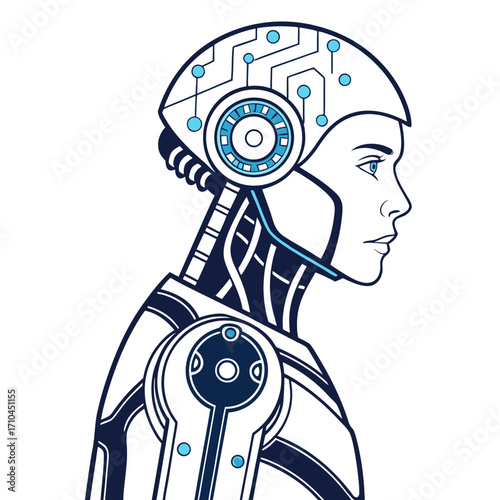 Stylized illustration of a cyborg or android head and shoulders in profile featuring a human face integrated with futuristic mechanical and circuit board elements in blue and white
