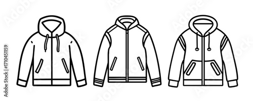 Black and white vector illustration of hoodies and jackets, simple outline style for fashion design, clothing templates, or apparel mockups.