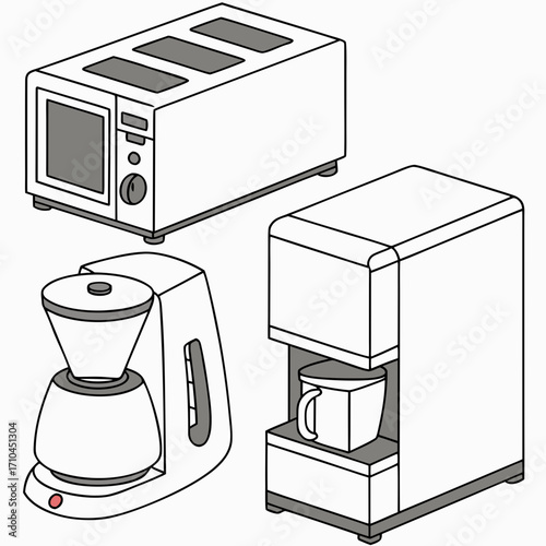 A set of three isometric kitchen appliances including a toaster a coffee maker and a coffee machine with a mug all rendered in a clean line art style on a white background