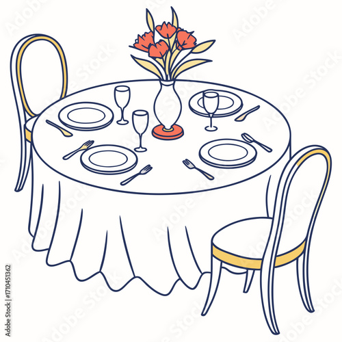 A charming illustration of a round dining table set for two with elegant chairs a vase of flowers and place settings perfect for romantic occasions or intimate gatherings