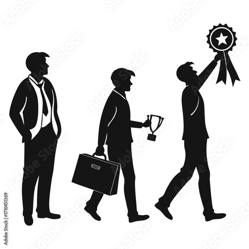 Silhouette of a businessmans career path, showing his evolution from a novice to a successful professional, he holds a trophy and a ribbon