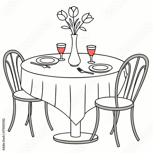 A romantic table setting for two with a vase of flowers wine glasses plates and cutlery perfect for a date night or special occasion