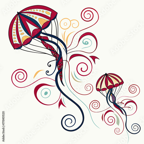 Two jellyfish with red and yellow patterns swim among swirling tendrils, the larger jellyfish is more detailed than the smaller one