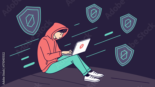 Ethical Hacker Protecting Systems with Cybersecurity Codes and Digital Shield in Futuristic Tech Background