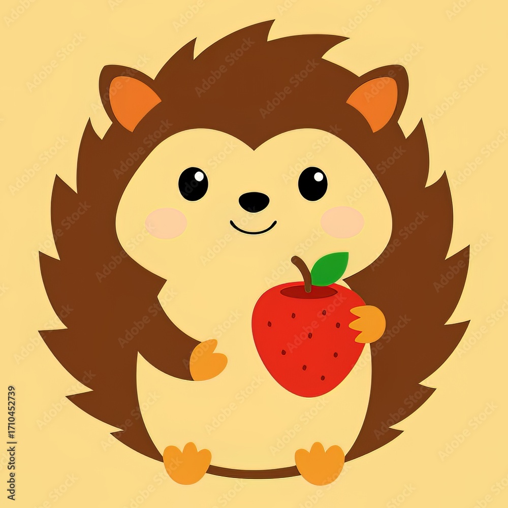 Fototapeta premium Cute hedgehog holding a red apple, doodle vector illustration