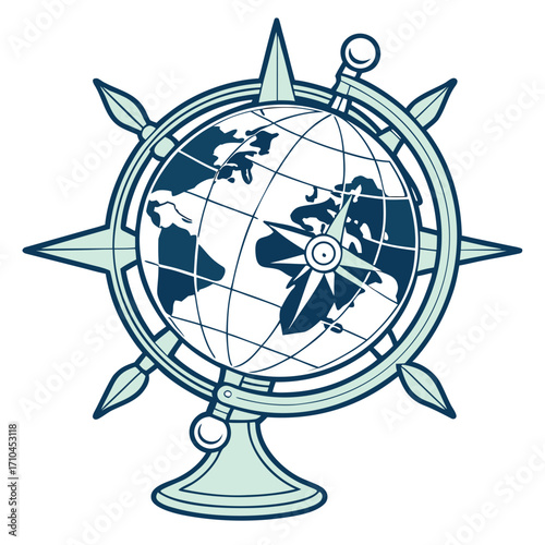 Illustration of a globe compass, representing exploration, navigation, and global travel, with a vintage nautical design and intricate details, ideal for adventure or travel themes