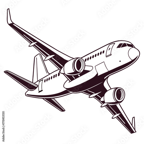Illustration of a commercial airplane the plane is in black and white, and it is flying in the sky with its engines