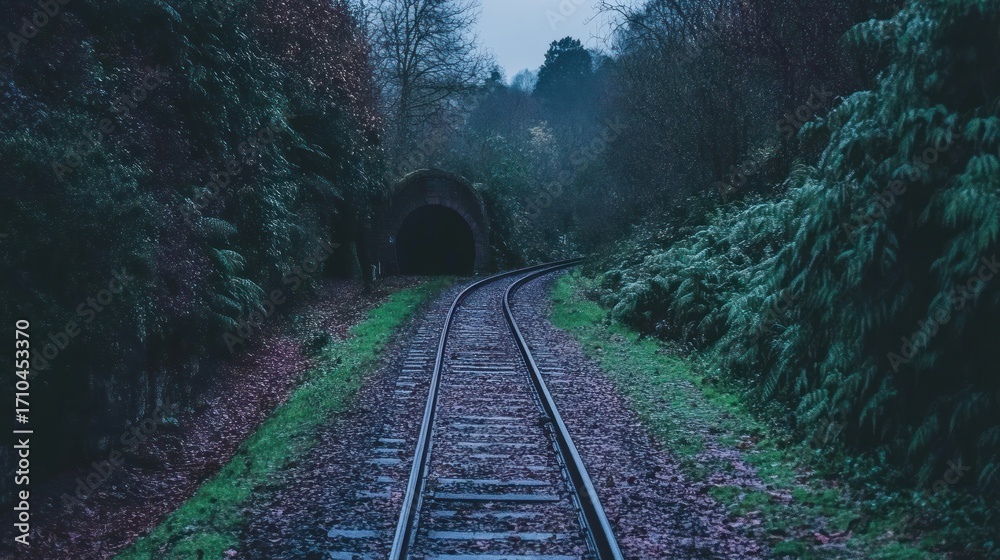 Fototapeta premium Eerie Train Tracks Leading to Dark Tunnel in Overgrown Forest, Moody Lighting