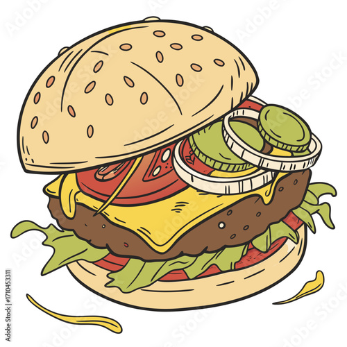 Handdrawn burger with cheese, tomato, lettuce, onion, and pickles this delicious burger illustration is and is perfect for menus or food blogs