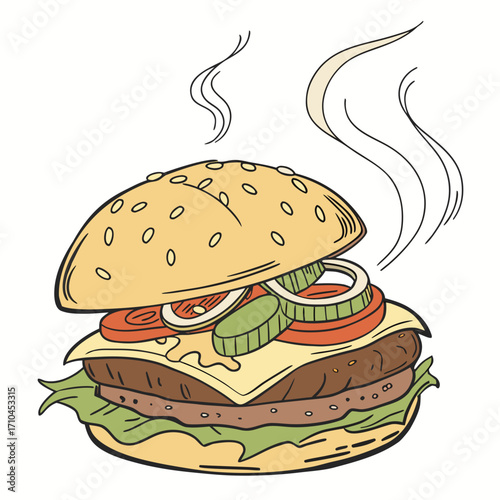 Handdrawn burger with cheese, tomato, lettuce, onion, and pickles with steam this delicious burger illustration is