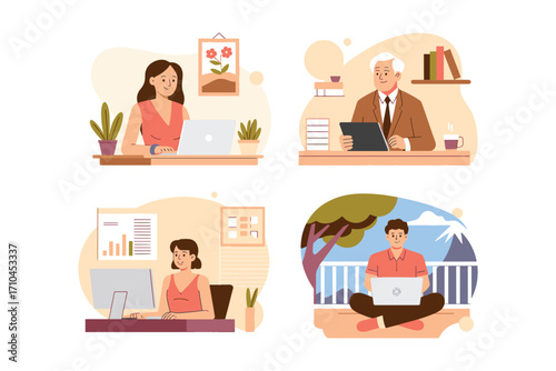 Diverse group of people working remotely with technology and laptops