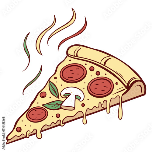 A delicious slice of pepperoni pizza, complete with melted cheese and fresh basil, beckons with its savory aroma, a mouthwatering illustration