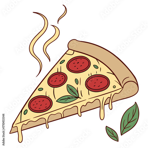 A tempting slice of hot pepperoni pizza with basil leaves and melted cheese, perfect for a quick and satisfying meal