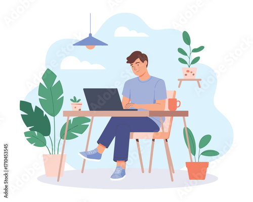 Man working from home office illustration with laptop and plants