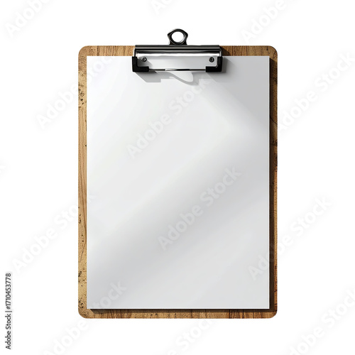 Wooden clipboard with blank white paper