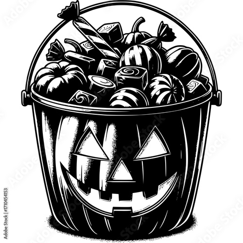 Halloween Candy Bucket: A grinning pumpkin-shaped candy bucket overflows with treats. An evocative black and white illustration capturing the spooky joy of Halloween.