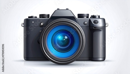 A modern, dark gray DSLR camera with a vibrant blue lens is centrally positioned against a light gray background.