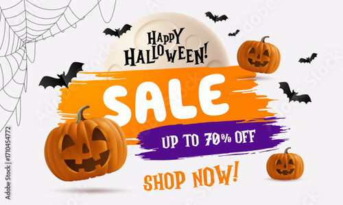 Halloween sale concept vector design. Discount slogan for banners, flyers, invitations, brochures, and posters, featuring a large moon, bats, spiderwebs, and a realistic pumpkin illustration.