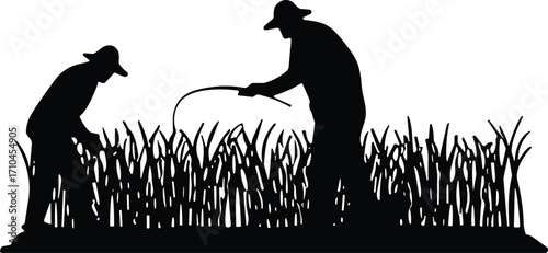 Farmer silhouettes, sugarcane harvesting, manual labor, rural agriculture, traditional tools, field work, black illustration, crop cutting, minimal design, farming scene