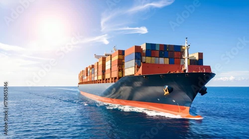 Large container ship transporting cargo across ocean under blue sky with shipping containers loaded for global trade