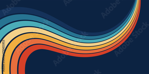 Modern vintage poster with abstract vector design in the form of rainbow stripes on a dark background. Retro-futuristic wavy lines in full color spectrum for poster design, banner templates, retro-mod