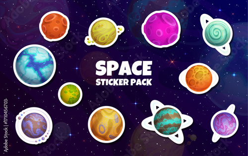 Stickers of fantasy alien space planets. Cartoon vector patches set of vibrant fantasy galaxy planets against a starry purple sky background. Cosmic world spheres, celestial bodies with rings, craters