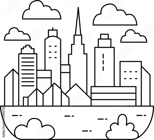 Skyline River Coloring Page, Urban Cityscape Illustration