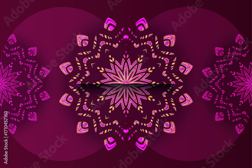 Abstract decorative mandala with golden floral motifs and radiant magenta purple background