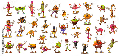 Cartoon groovy Halloween sweets and candy characters. Vector set of quirky y2k desserts and pastry personages wear fun outfits or accessories for celebration and children trick or treat entertainment