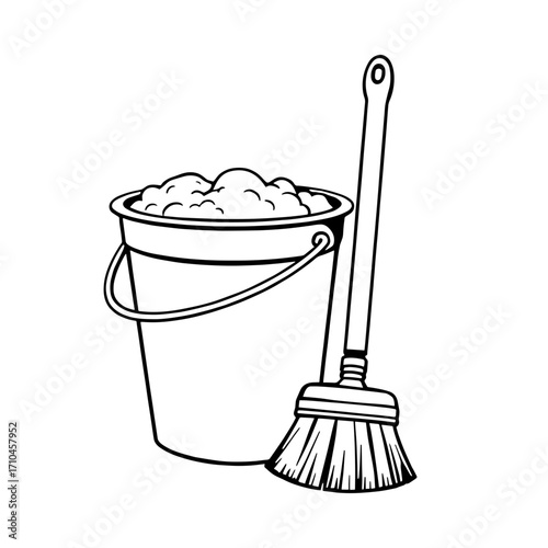 A black outline of a cleaning kit. A bucket filled with soapy foam and a long handled brush