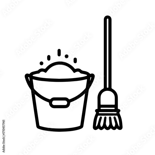 A minimalist illustration of a cleaning kit. A bucket of soapy foam and a long brush
