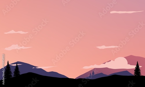 A flat design illustration of a mountain landscape at sunset, featuring silhouettes of hills, pine trees, and floating clouds in a soft gradient pink and purple sky.

