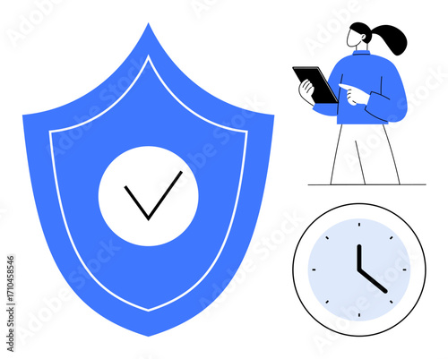 Blue shield with check mark, clock, and professional holding a tablet. Ideal for security, time management, productivity, work efficiency, data protection, reliability simple landing page