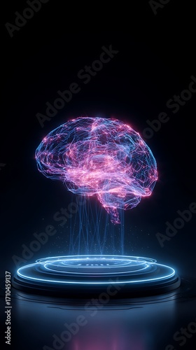 Glowing Human Brain on Futuristic Platform AI, Neural Network Concept
