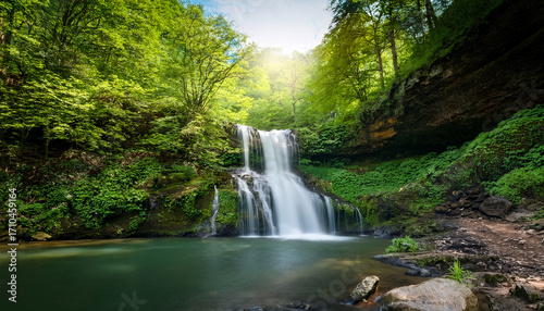 Natural Waterfall And Green Forest