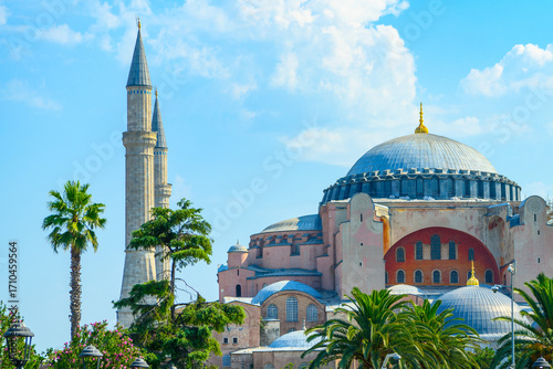 Majestic of the great Hagia Sophia mosque in Sultanahmet Square.Old Haya Sophia, Istanbul, Turkey. Architecture of the Islamic religion.