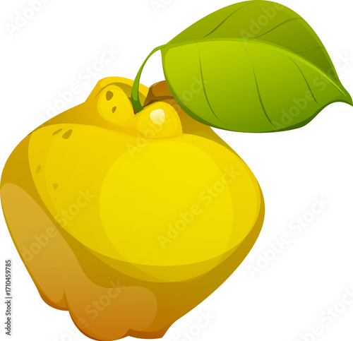 Cartoon quince raw ripe fruit with yellow skin, rounded bumpy shape and a vivid green leaf. Vector sweet healthy food, vegan snack and organic plant ingredient for autumn crop, jam, dessert and diet