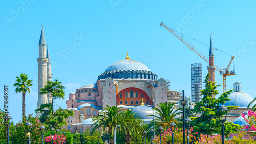 Majestic of the great Hagia Sophia mosque in Sultanahmet Square, Istanbul, Turkey.Old Orthodox Christian Cathedral of ancient Byzantium - Haya Sophia. Panorama of restoration and repair.