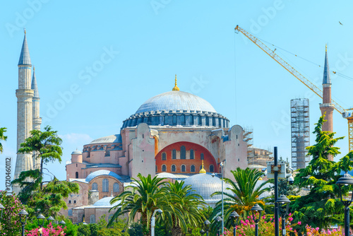 Majestic of the great Hagia Sophia mosque in Sultanahmet Square, Istanbul, Turkey.Old Orthodox Christian Cathedral of ancient Byzantium - Haya Sophia. Panorama of restoration and repair.