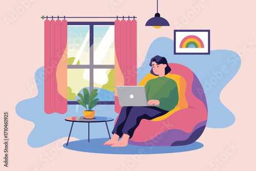 Woman working at home in a cozy comfortable setting vector illustration