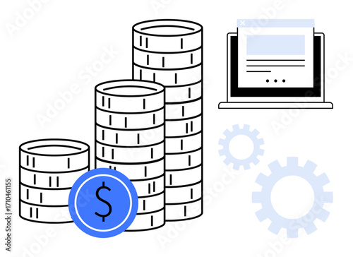 Stacked coins with dollar sign coins, laptop displaying webpage, gear elements symbolizing finance, investment, technology, profitability, digital economy, business solutions and automation. Ideal