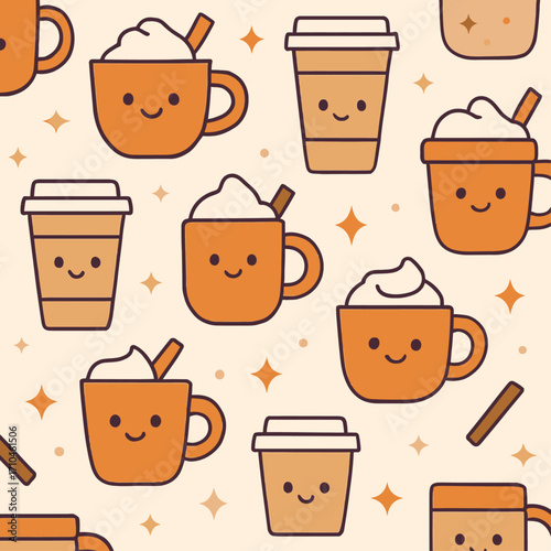 Seamless kawaii autumn pattern with smiling pumpkin spice lattes, cute black cat, pumpkins, cinnamon sticks, and fall leaves in a cozy seasonal design.