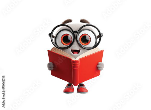 Happy bookworm sticker with glasses and a red book isolated on transparent White background png