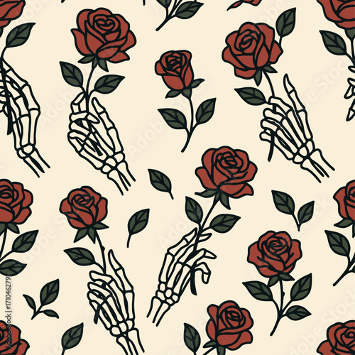 Seamless gothic pattern featuring skeleton hands holding red roses with dark green leaves, blending macabre elegance with romantic symbolism for Halloween, tattoo, and alternative design projects.