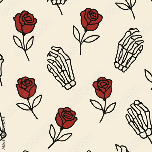 Seamless gothic pattern featuring skeleton hands holding red roses with dark green leaves, blending macabre elegance with romantic symbolism for Halloween, tattoo, and alternative design projects.