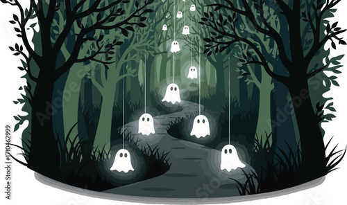 Spooky ghosts illuminate a dark forest path at Halloween