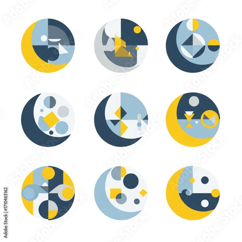 Nine circular abstract designs depicting various phases or representations of the moon, using geometric shapes and a limited color palette.