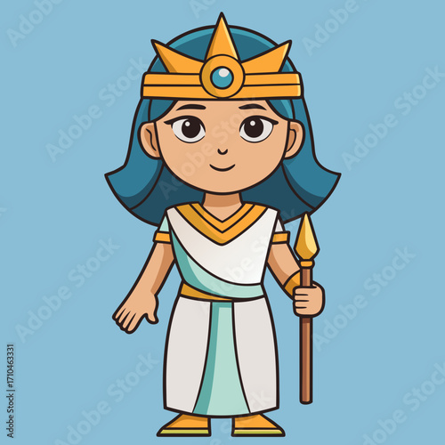 Cartoon cleopatra illustration of egyptian queen with crown and spear clip art vector graphics image