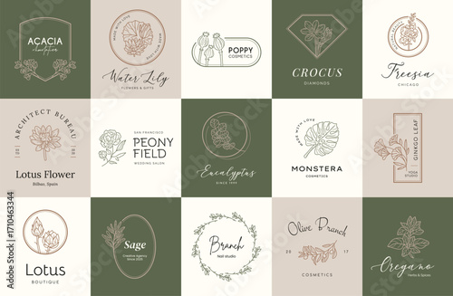 Minimal logo design collection. Logotypes for beauty, cosmetic brand, wedding agency, yoga studio, flower boutique, clothing stores brand identity.