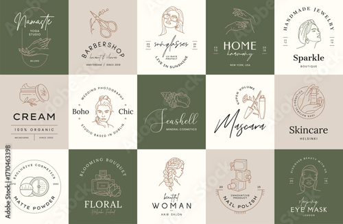 Minimal logo design collection. Logotypes for beauty, cosmetic brand, wedding agency, yoga studio, flower boutique, clothing stores brand identity.